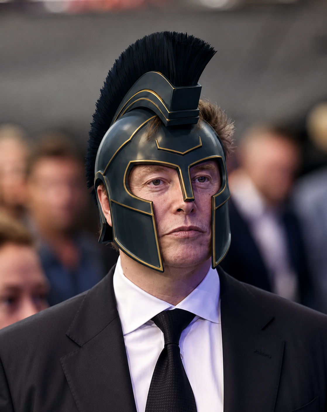 Agamemusk portrait wearing a silver Spartan helmet