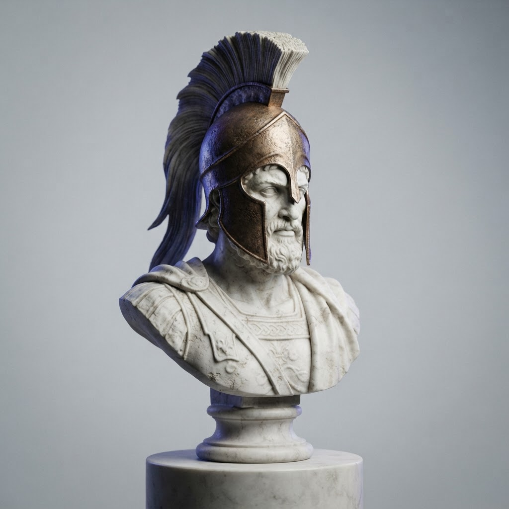 Greek marble bust of a king wearing a Spartan helmet